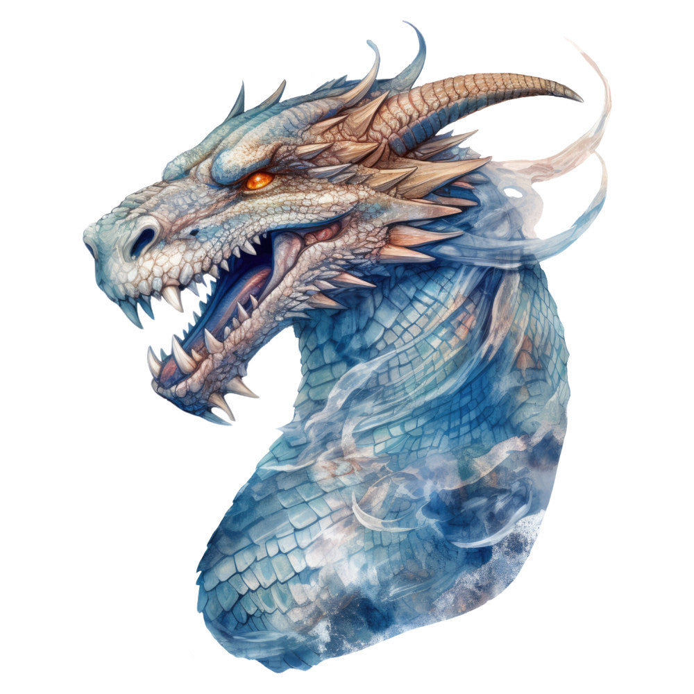 dragon, fantasy, mythical creature, blue, teal, navy blue, cream, bronze, copper, orange eye, scales, detailed illustration, realistic, elegant, whimsical, magical, adventure, medieval, asian inspired, celestial, artistic, watercolor effect, translucent, wall hanging, art panel, decorative, statement fabric, supernatural, mystical