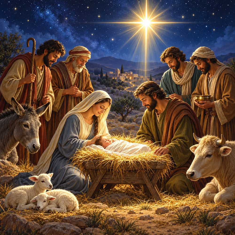 nativity, christmas, religious, holy night, celestial, star, golden yellow, cream, soft blue, earth tones, beige, brown, animals, sheep, donkey, cow, livestock, nativity scene, baby jesus, manger, bethlehem, night sky, starlight, traditional, spiritual, holiday, winter, peaceful, gentle, farmhouse