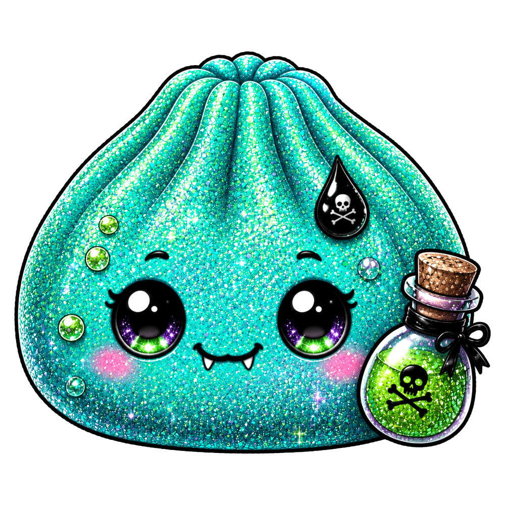 turquoise glitter, aqua sparkle, teal shimmer, hot pink, lime green, purple eyes, cute character, whimsical, kawaii, gothic, poison bottle, skull crossbones, goth cute, fantasy, magical, glittery, shimmery, novelty, character design, dark whimsical, emo aesthetic, alternative style, mystical, enchanted, spooky cute, pop culture, character panel, gift for teens, quirky design
