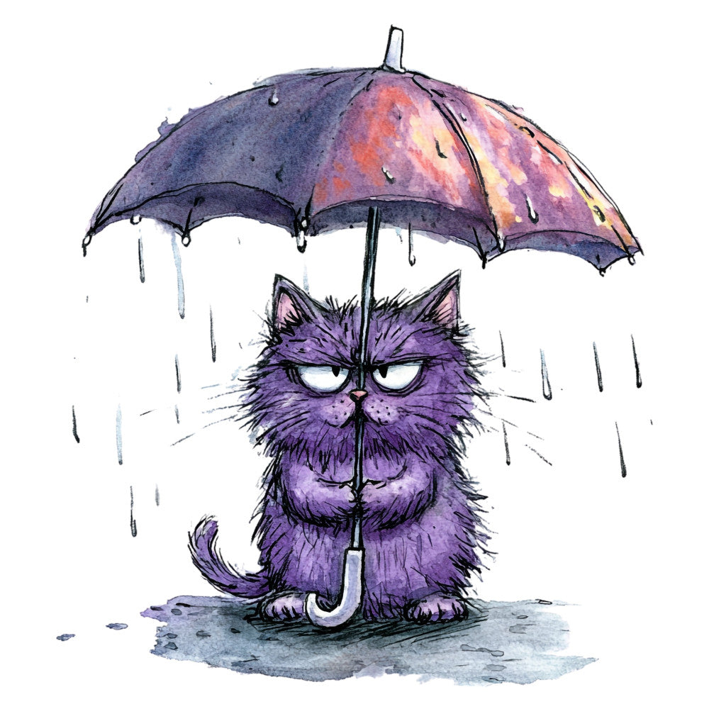 purple cat, rainy day, umbrella, whimsical, cute animals, grumpy expression, watercolor, purple shades, lavender, mauve, ink illustration, rainy weather, wet day, cats, pet lovers, humorous, character fabric, children's design, playful, whimsy, illustration style, detailed fur texture, mood expression, rainy season, cozy indoor, animal characters, quirky style, artistic