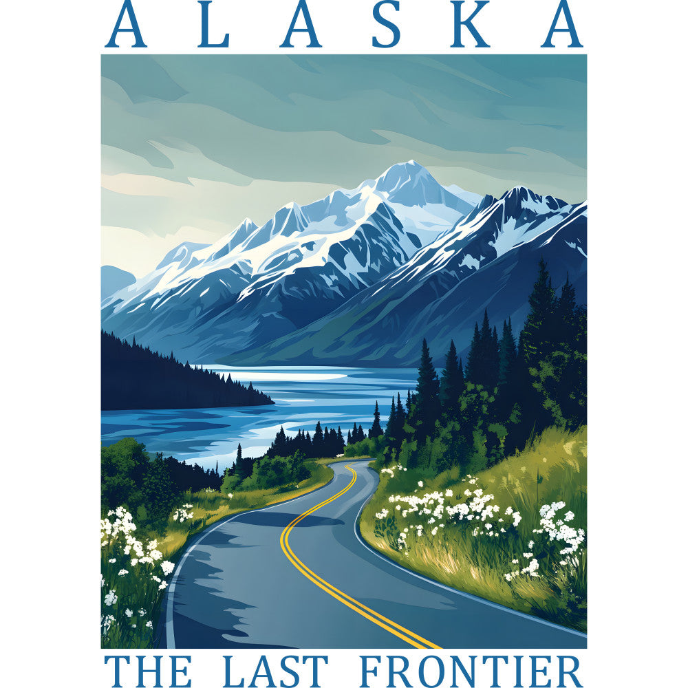alaska, travel poster, vintage style, scenic landscape, snow-capped mountains, winding road, evergreen trees, lake view, blue sky, white clouds, wildflowers, yellow road lines, turquoise water, forest green, outdoor adventure, fabric panel, quilting cotton, wilderness scene, mountain peaks, frontier theme