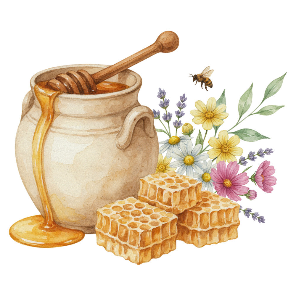 honey, bee, honeycomb, lavender, daisy, wildflower, floral, botanical, nature, spring, summer, cream, golden yellow, soft pink, purple, white, lavender purple, rustic, vintage, farmhouse, whimsical, cottage core, beige, honeypot, natural, garden, pollinator, insects, delicate, traditional