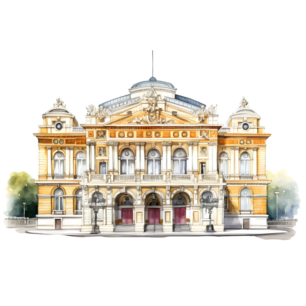 golden yellow, cream, burgundy red, architectural, neoclassical, building facade, historic, vintage, elegant, traditional, european, classical columns, ornate details, statues, grand entrance, heritage, timeless, illustration art, decorative, formal, symmetrical, government building, courthouse, theater, majestic, sophisticated style