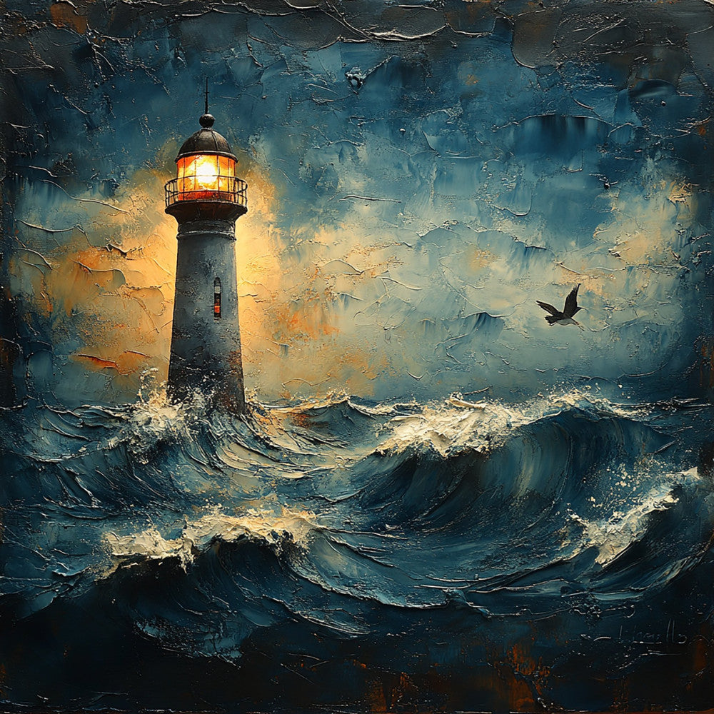 lighthouse, nautical, ocean waves, stormy sea, teal blue, golden yellow, dark blue, navy, amber, coastal, seascape, maritime, birds, dramatic sky, impressionist, textured, moody, atmospheric, evening light, beacon, seaside, ocean theme, water, nature, vintage maritime, traditional, romantic, dusk, twilight, adventure