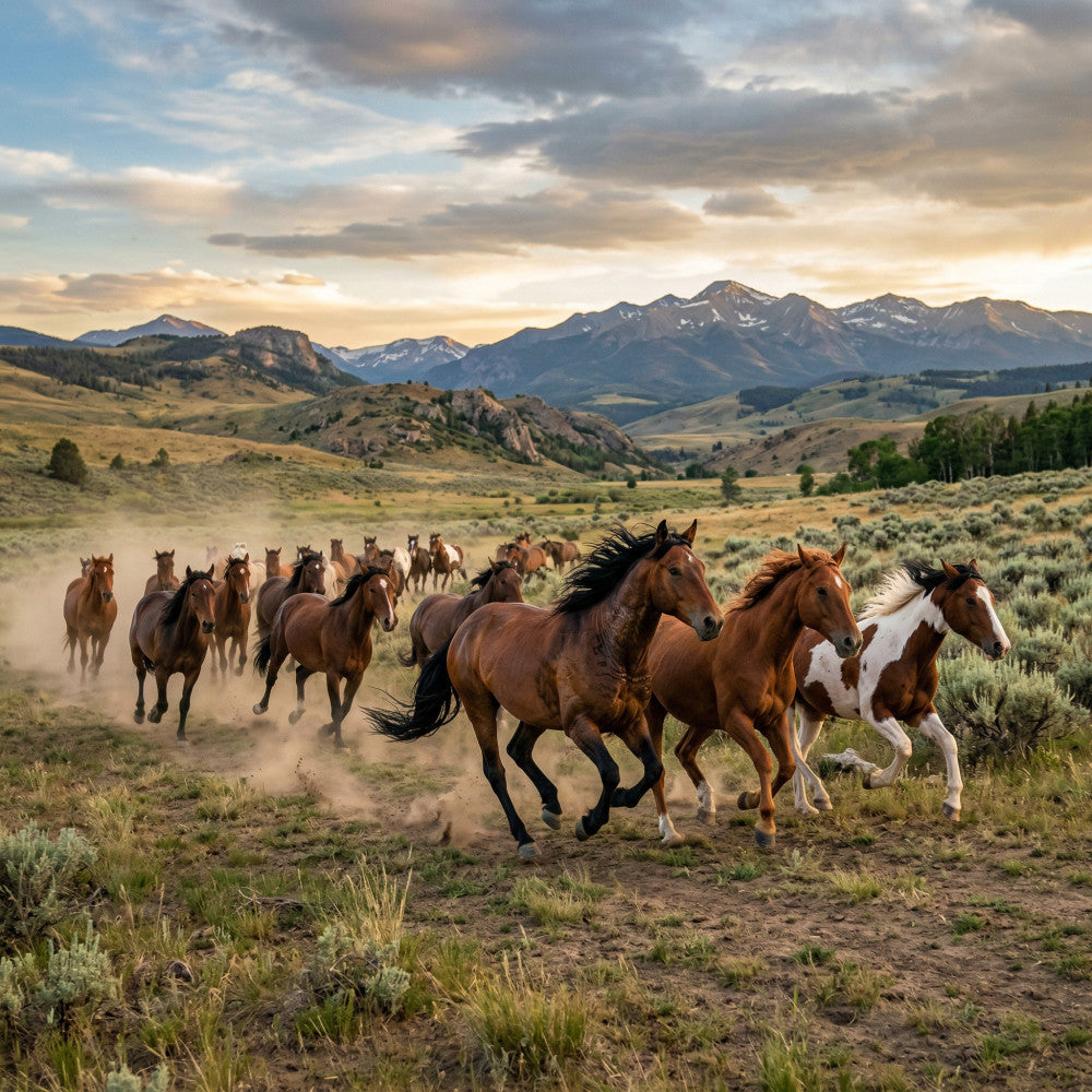 horses, wild horses, running horses, brown horses, tan horses, cream horses, dust, desert landscape, mountains, scenic landscape, nature, wildlife, western, rustic, farmhouse, boho, bohemian, sage green, golden brown, earthy tones, landscape, pastoral, ranch, country, sunset sky, cloud, equestrian, animal, outdoor, adventure