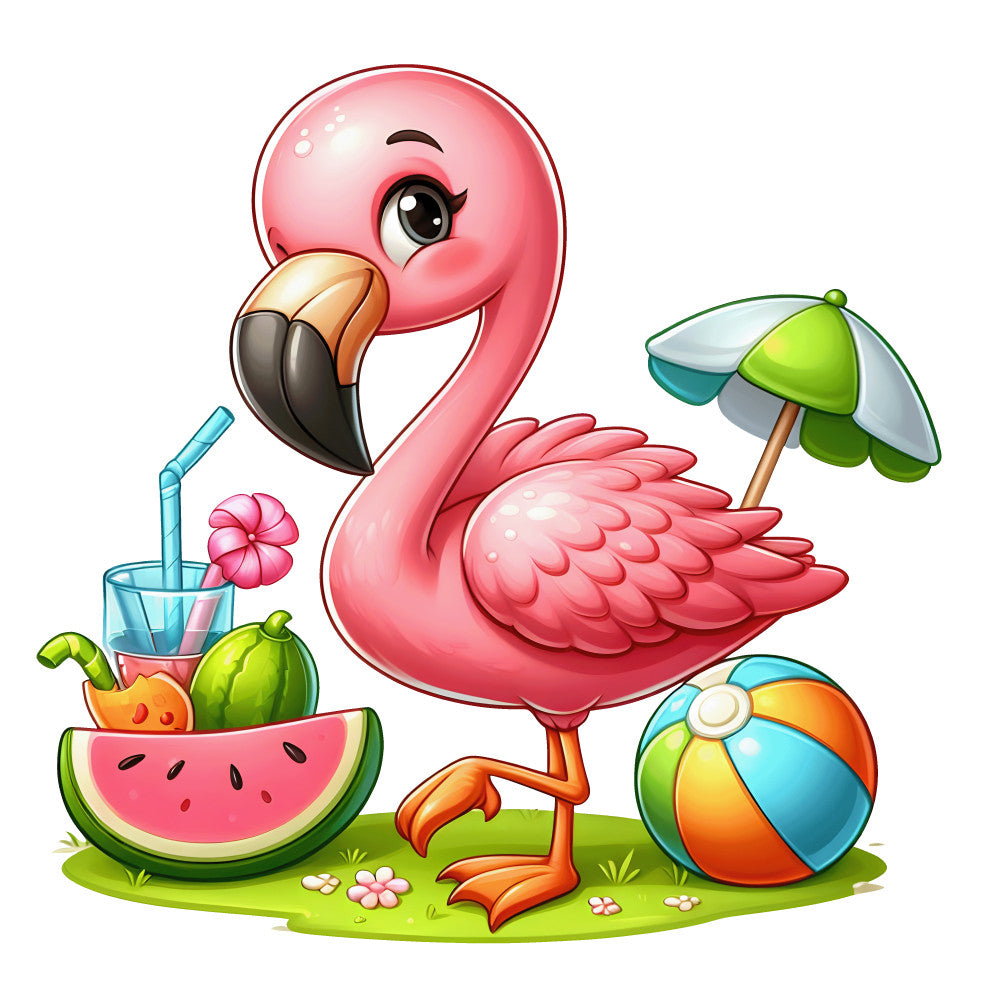 pink flamingo, coral pink, bright green, turquoise blue, orange accents, summer theme, tropical design, beach scene, watermelon slice, beach ball, umbrella, coconut drink, cartoon style, whimsical illustration, cute animal, fabric panel, quilting cotton, children's fabric, nursery decor, vacation vibes