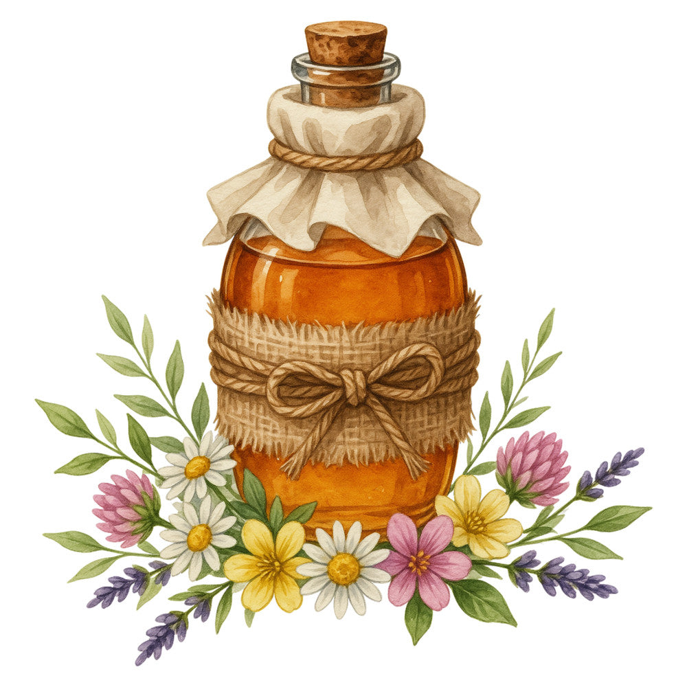 essential oil bottle, amber glass, floral wreath, botanical, lavender, daisy, clover, pink flowers, yellow flowers, white flowers, cream, tan, rust orange, earthy tones, rustic, vintage, natural, herbal, apothecary, cottage core, farmhouse, nature-inspired, spring, summer, decorative accent, whimsical, craft supplies, home decor, illustration style