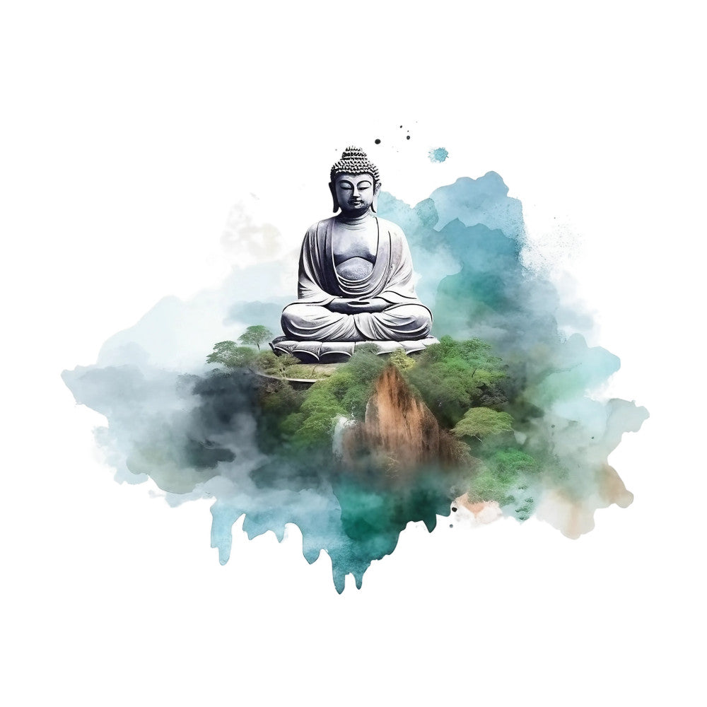 watercolor, buddha statue, meditation pose, lotus position, teal blue, sage green, forest green, brown, gray, spiritual imagery, zen design, peaceful scene, nature landscape, trees, mountains, serene atmosphere, fabric panel, quilting cotton, asian inspired, tranquil mood, soft brushstrokes, misty clouds