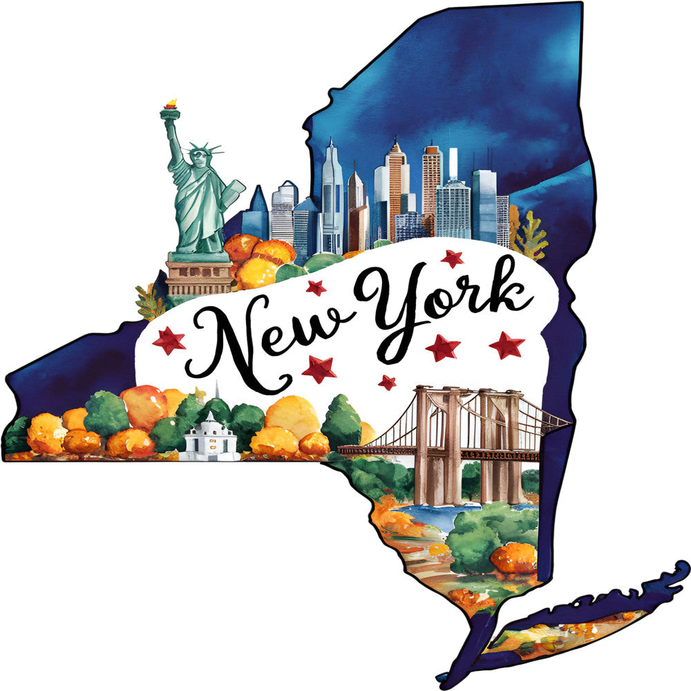 Classic US States Fabric Panel 9 featuring New York landmarks and autumn foliage on premium quilting cotton fabric.