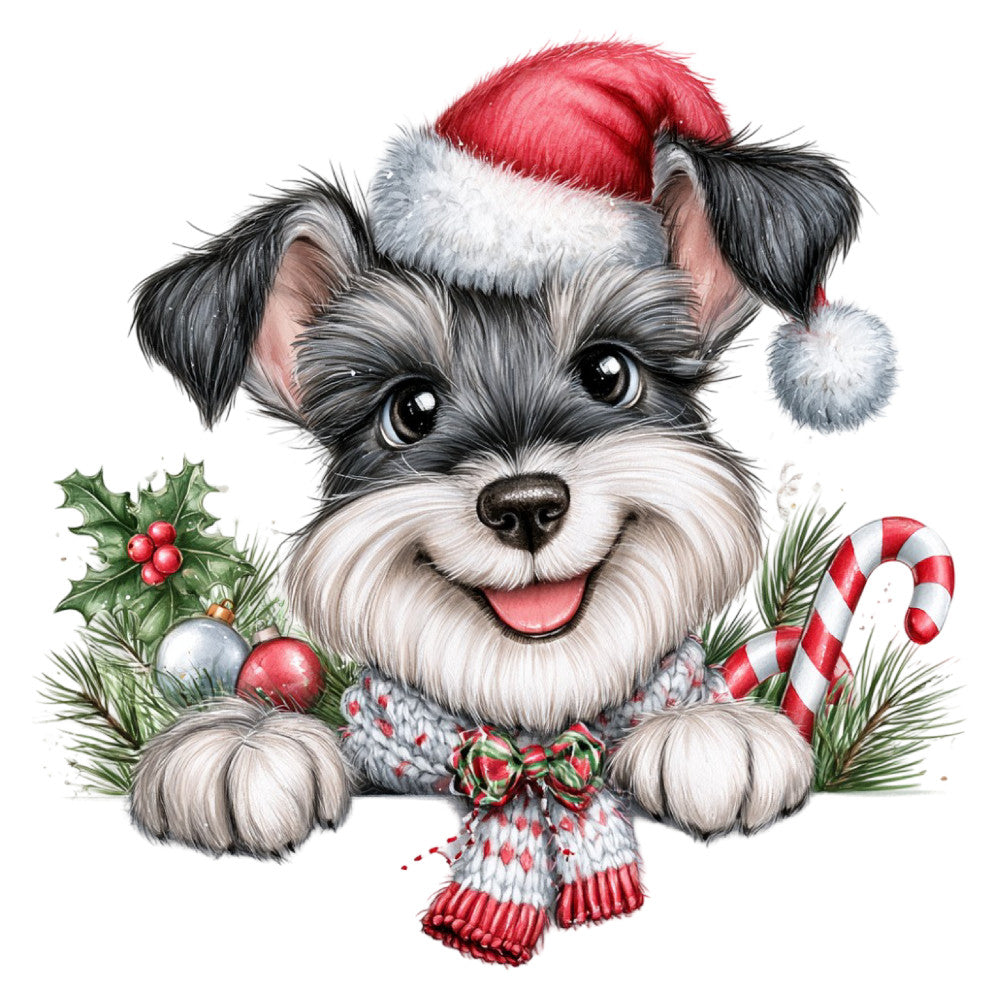 christmas dog, holiday puppy, schnauzer, black and white dog, festive pet, red santa hat, candy cane, holly berries, winter holiday, cute animal, seasonal decoration, christmas ornaments, evergreen branches, red and white, gray and white, whimsical style, playful animal portrait, holiday cheer, pet lover gift, christmas theme, festive puppy face, peppermint candy, decorative dog, cheerful holiday, traditional christmas, animal character, seasonal textile
