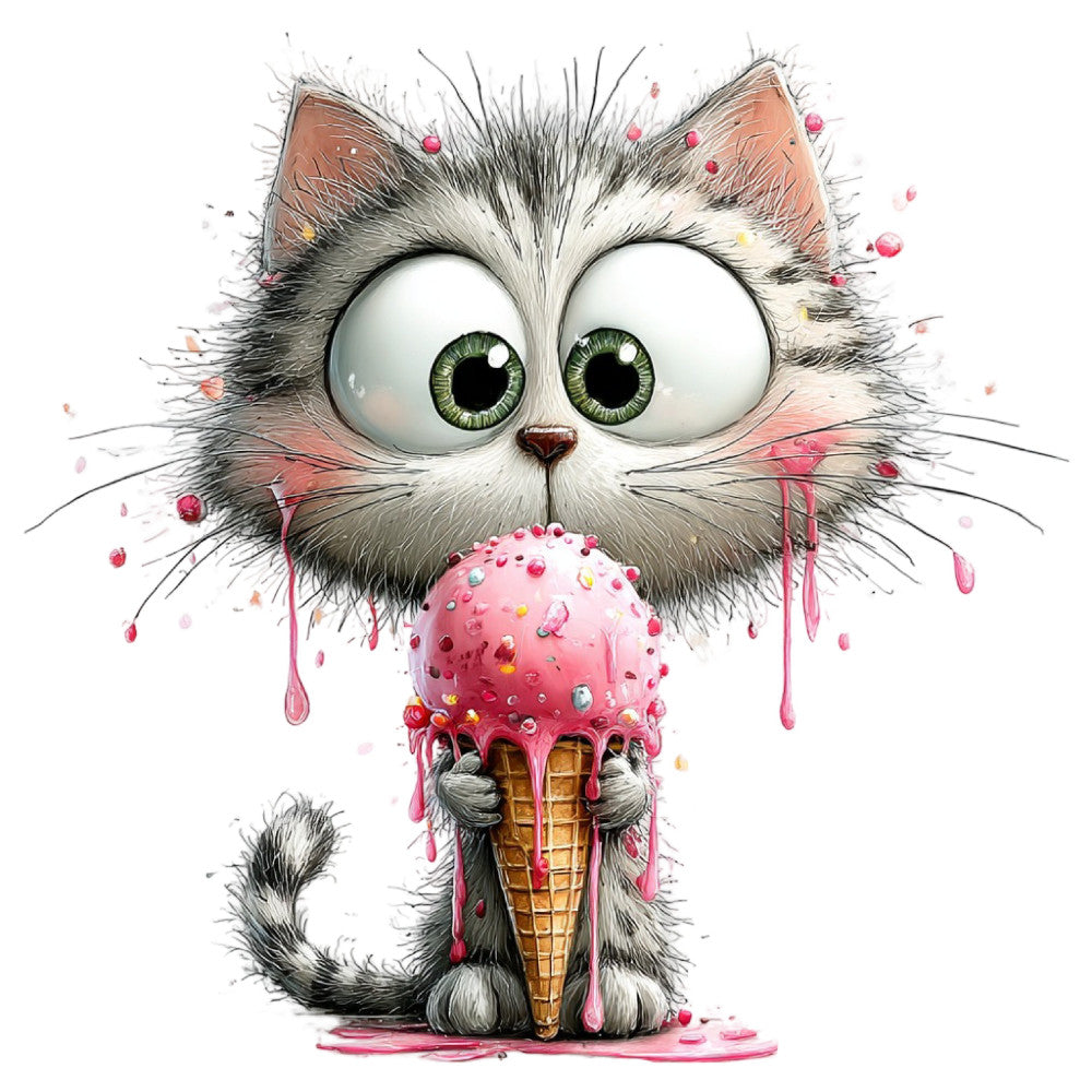 cat, whimsical, ice cream cone, pink, white, gray, charcoal, playful, animals, cute, big eyes, illustration, modern, fantasy, sweet treats, dessert, dripping, colorful, children's, kids, fun, artistic, detailed, expressive, food themed, contemporary, vibrant, quirky