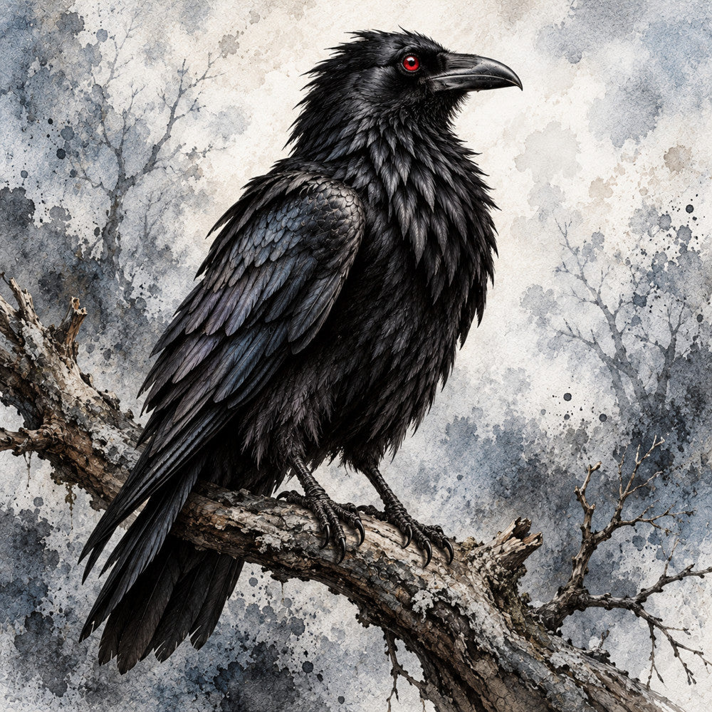 black raven, dark bird, red eye, gothic, wildlife, nature, monochromatic, grayscale, charcoal gray, stone gray, weathered, textured background, perched bird, crow, corvid, dark academia, mysterious, moody, elegant, dramatic, realistic illustration, detailed feathers, branch, rustic, vintage art style, animal portrait, statement fabric, bold design, contemporary art