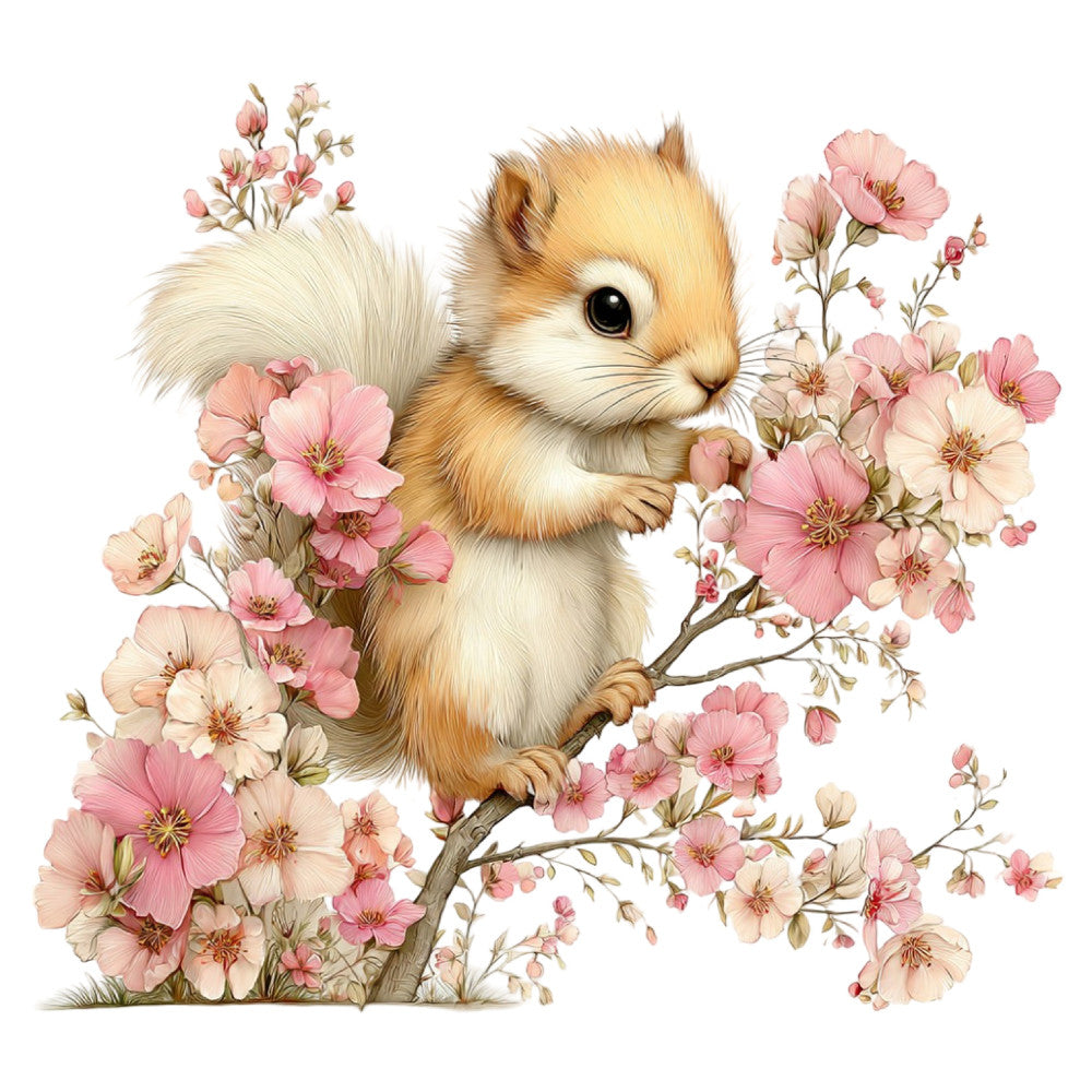 cute squirrel, pink flowers, blush pink, cream, tan, beige, soft pastels, floral, nature, woodland animals, spring, whimsical, charming, delicate, botanical, cottage core, baby nursery, children's fabric, wall hanging, illustrated, vintage botanical, romantic, gentle, fluffy tail, wildflowers, garden theme, peaceful, soft colors, illustration art, decorative panel