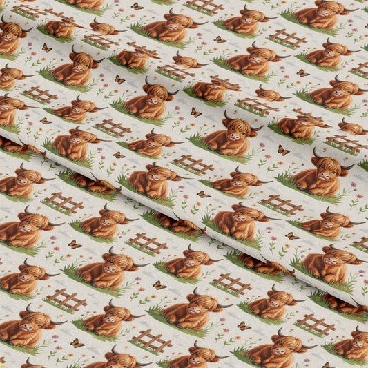 Cartoon Highland Cows Pattern 3 Quilting Cotton Fabric
