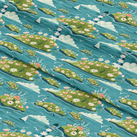 Springtime Lighthouse Scene Pattern 14 Quilting Cotton Fabric
