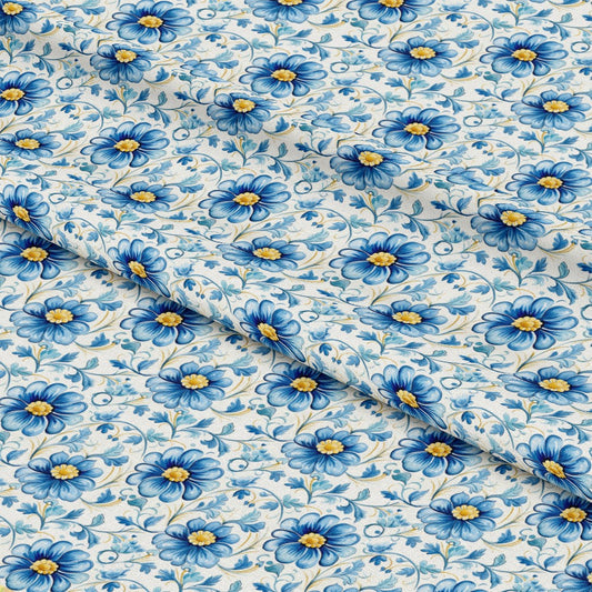 Blue Handpainted Tiles Pattern 5 Quilting Cotton Fabric
