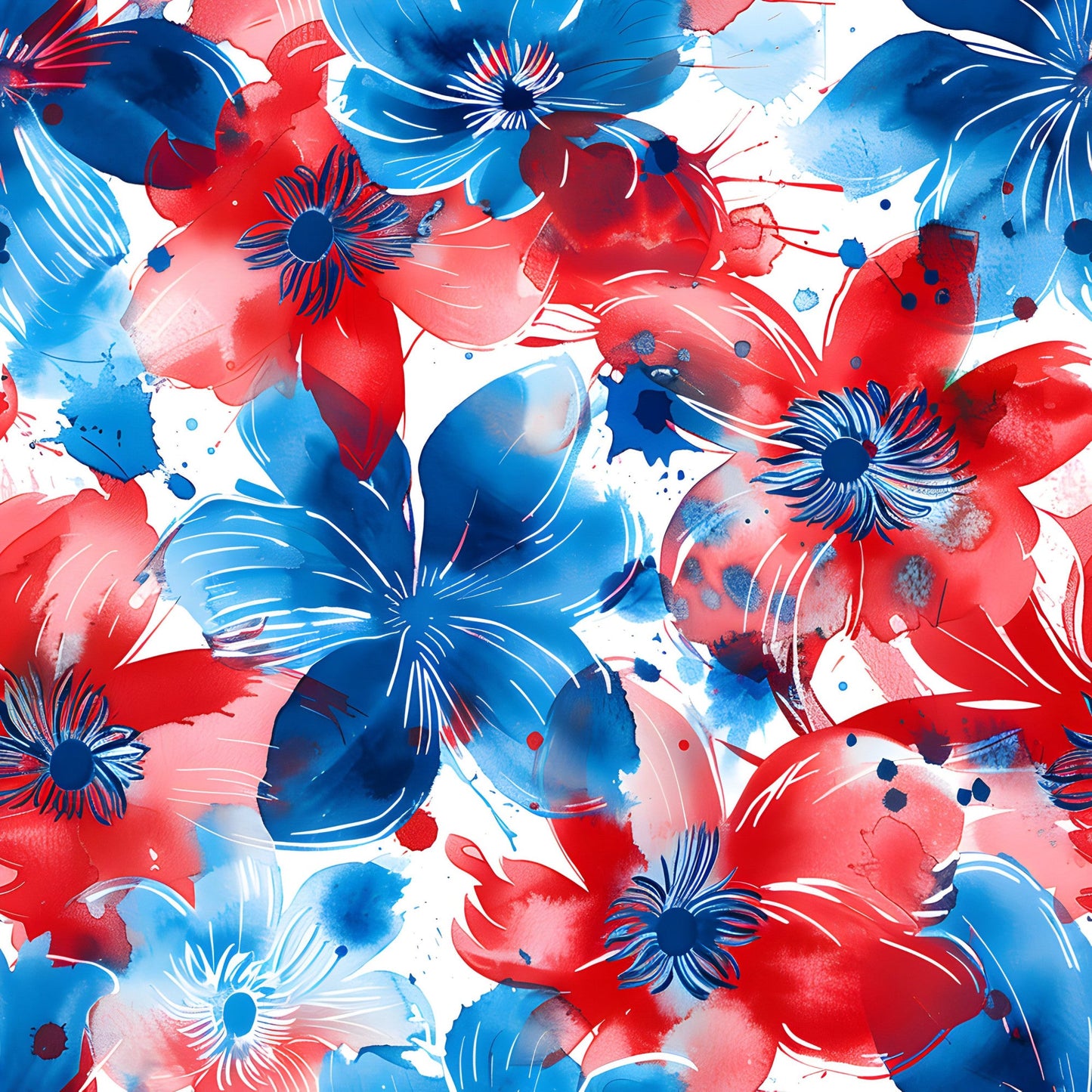 4th of July Watercolor Floral Pattern 9 Quilting Cotton Fabric