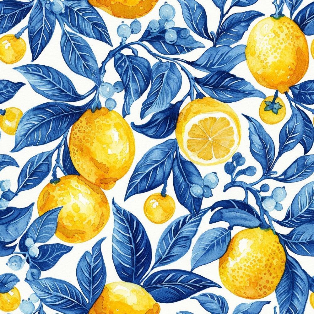 Azulejo Lemons with Blue Leaves Pattern 8 Quilting Cotton Fabric