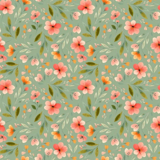 Bloom Time Blooms Green Quilting Cotton Fabric