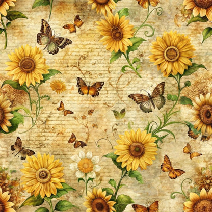 Vintage Sunflowers and Butterflies Pattern 6 Quilting Cotton Fabric