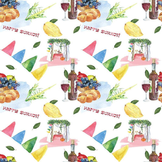 Watercolor Happy Sukkot Pattern 3 Quilting Cotton Fabric