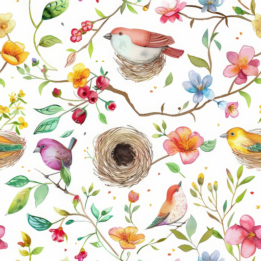 Birds Nest and Flowers Pattern 1 Quilting Cotton Fabric