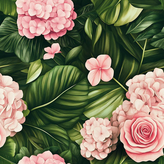 Pink Flowers and Tropical Leaves Pattern 6 Quilting Cotton Fabric