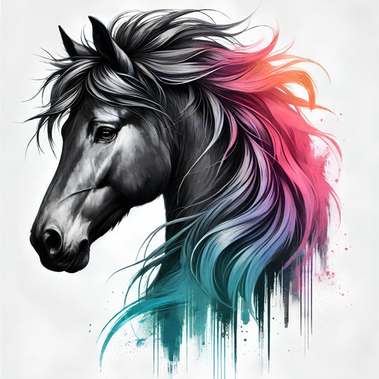 A Charcoal Horse Fabric Panel 2 features a detailed black horse head with flowing mane blending charcoal, pink, purple, and teal hues.