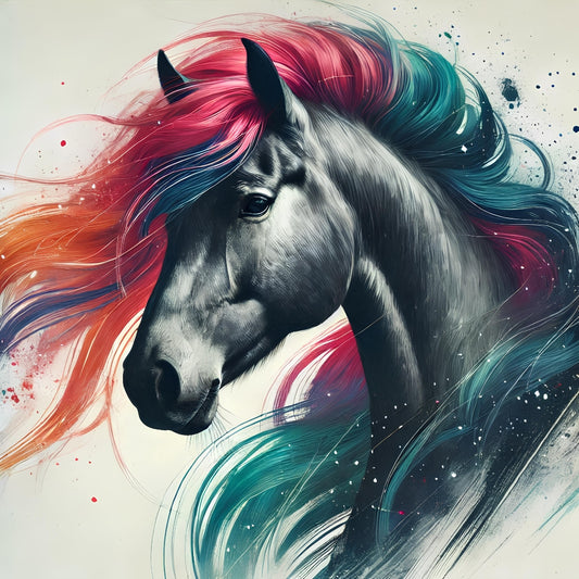 A Charcoal Horse Fabric Panel 3 features a detailed black horse with flowing red, blue, and teal mane in premium quilting cotton.