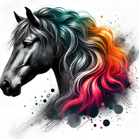 A Charcoal Horse Fabric Panel 4 featuring a detailed black horse head with vibrant, multicolored flowing mane artwork.