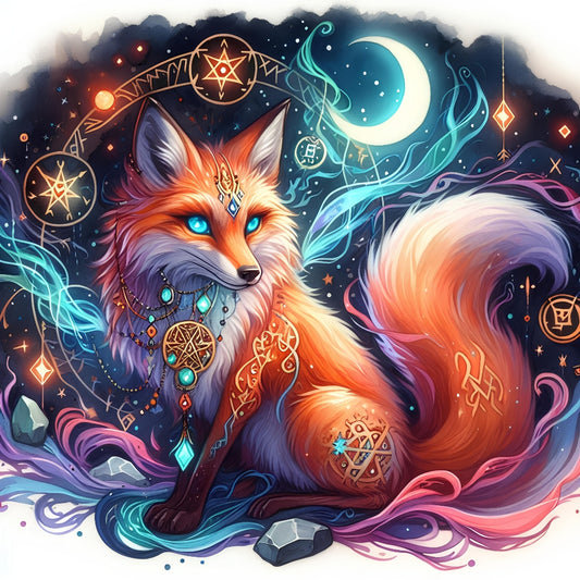 A Mystical Fox Fabric Panel 1 featuring a glowing fox with magical symbols and celestial elements in vibrant colors.