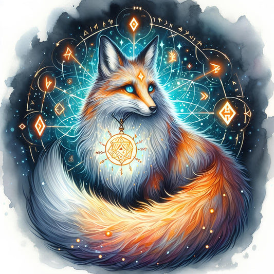 A Mystical Fox Fabric Panel 3 featuring a glowing blue-eyed fox with magical symbols, printed on premium quilting cotton.