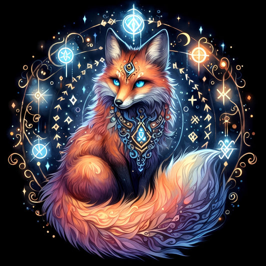 A vibrant mystical fox with glowing blue eyes and magical runes surrounding it in the design of A Mystical Fox Fabric Panel 4.