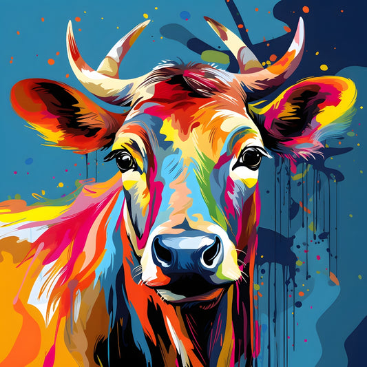 Abstract Animals Pop Art Cow Fabric Panel featuring a vibrant multicolor cow design printed on premium quilting cotton.