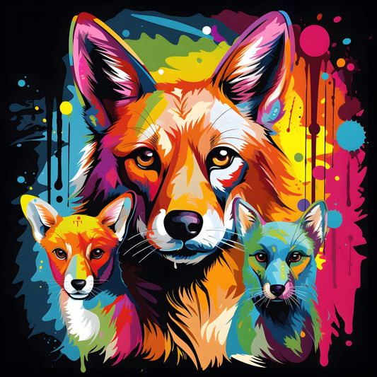 Abstract Animals Pop Art Foxes Fabric Panel featuring vibrant, colorful fox faces in a bold, artistic design on premium cotton.