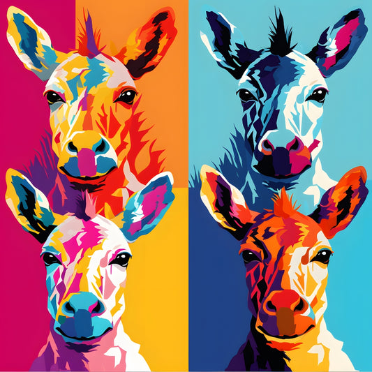 Abstract Animals Pop Art Giraffes Fabric Panel featuring vibrant, colorful giraffe portraits on premium quilting cotton.