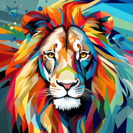 Abstract Animals Pop Art Lion Fabric Panel featuring vibrant, colorful geometric shapes creating a stunning lion portrait.