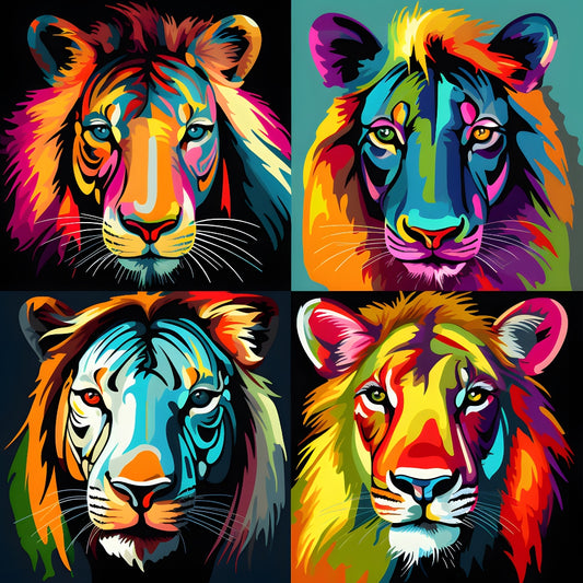 Abstract Animals Pop Art Lions Fabric Panel featuring vibrant, multicolored lion faces on premium quilting cotton.