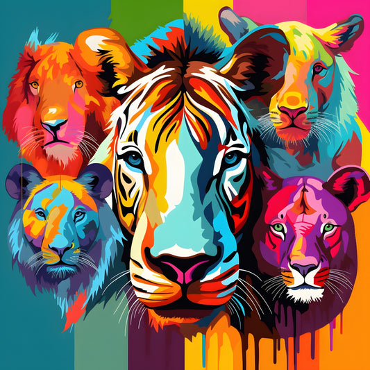 Abstract Animals Pop Art Safari Fabric Panel featuring vibrant, colorful lion, tiger, and wild cats in premium quilting cotton design.