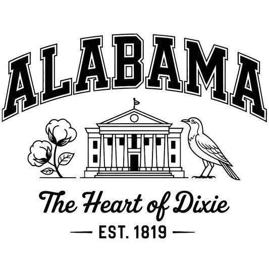 Alabama Black and White Fabric Panel featuring state capitol, cotton plant, and bird with "The Heart of Dixie" text in black and white.