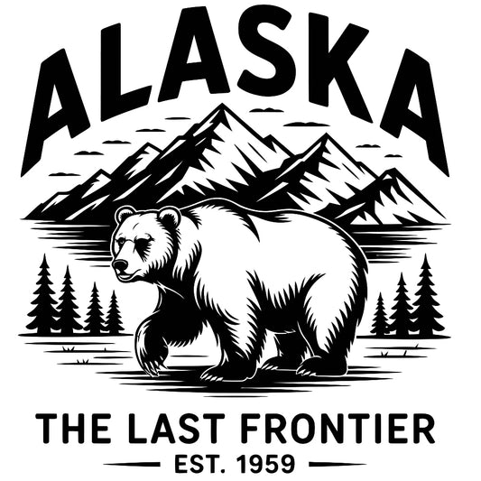 Alaska Black and White Fabric Panel featuring a detailed bear and mountain design with text "The Last Frontier EST. 1959