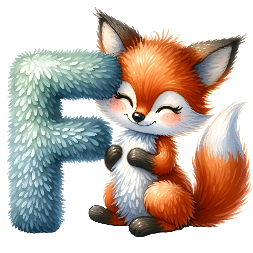 Animal Fox Letter F Fabric Panel featuring a cute fox hugging a textured blue letter F in premium quilting cotton.