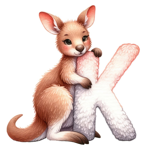 Animal Kangaroo Letter K Fabric Panel featuring a cute kangaroo hugging a textured letter K on premium quilting cotton.