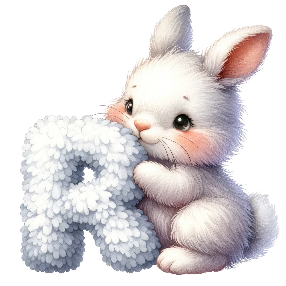 Animal Rabbit Letter R Fabric Panel featuring a cute white bunny holding a fluffy textured letter R design.