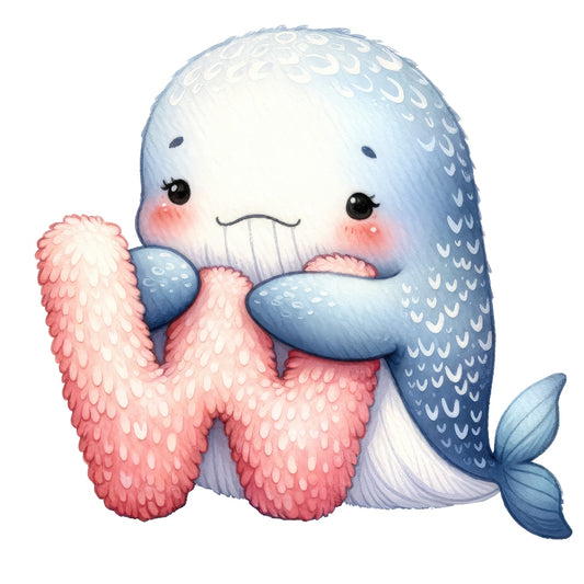 Animal Whale Letter W Fabric Panel featuring a cute blue whale hugging a textured pink letter W design.