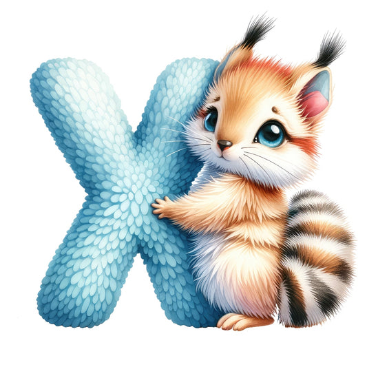 Animal Xerus Letter X Fabric Panel featuring a cute xerus hugging a textured blue letter X, perfect for quilting projects.