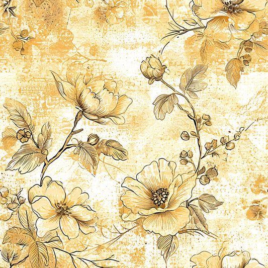 Antique Linocut Stenciled Pastel Florals Pattern 10 Quilting Cotton Fabric