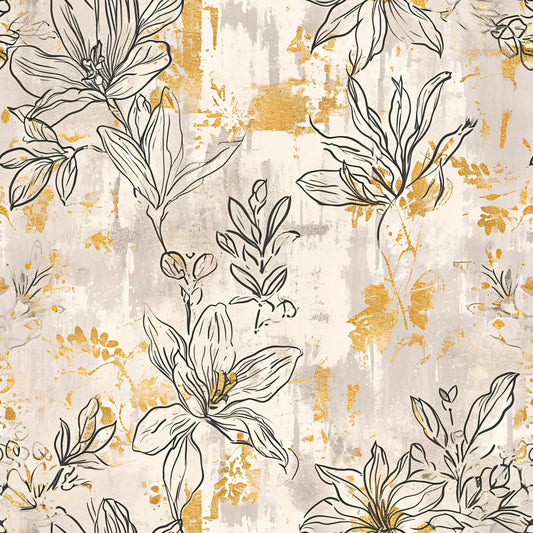 Antique Linocut Stenciled Pastel Florals Pattern 11 Quilting Cotton Fabric