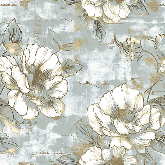 Antique Linocut Stenciled Pastel Florals Pattern 13 Quilting Cotton Fabric