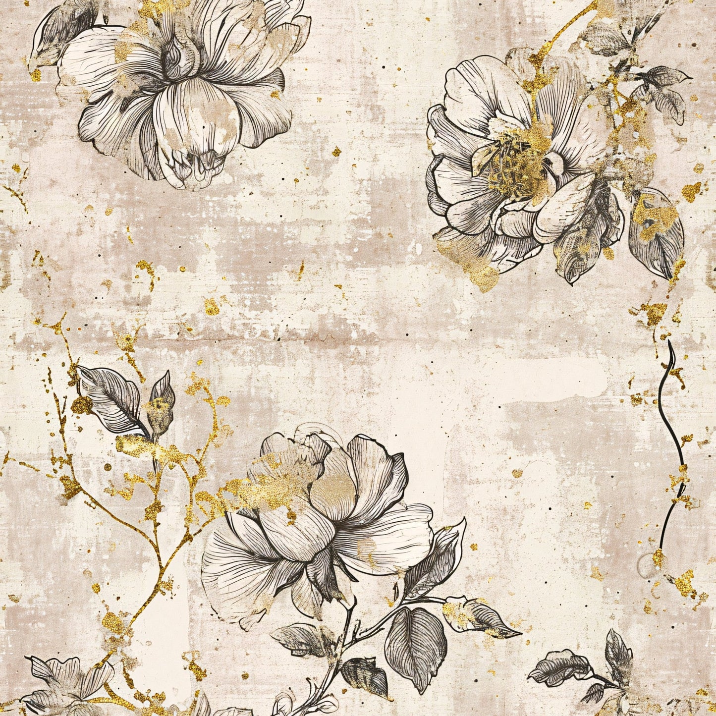 Antique Linocut Stenciled Pastel Florals Pattern 15 Quilting Cotton Fabric